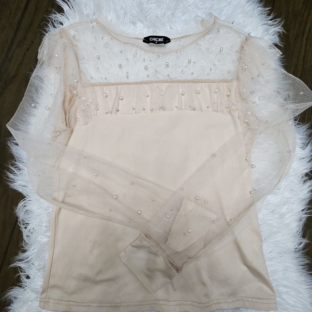Elegant Sheer Sleeve Blouse in Cream by ChicMe